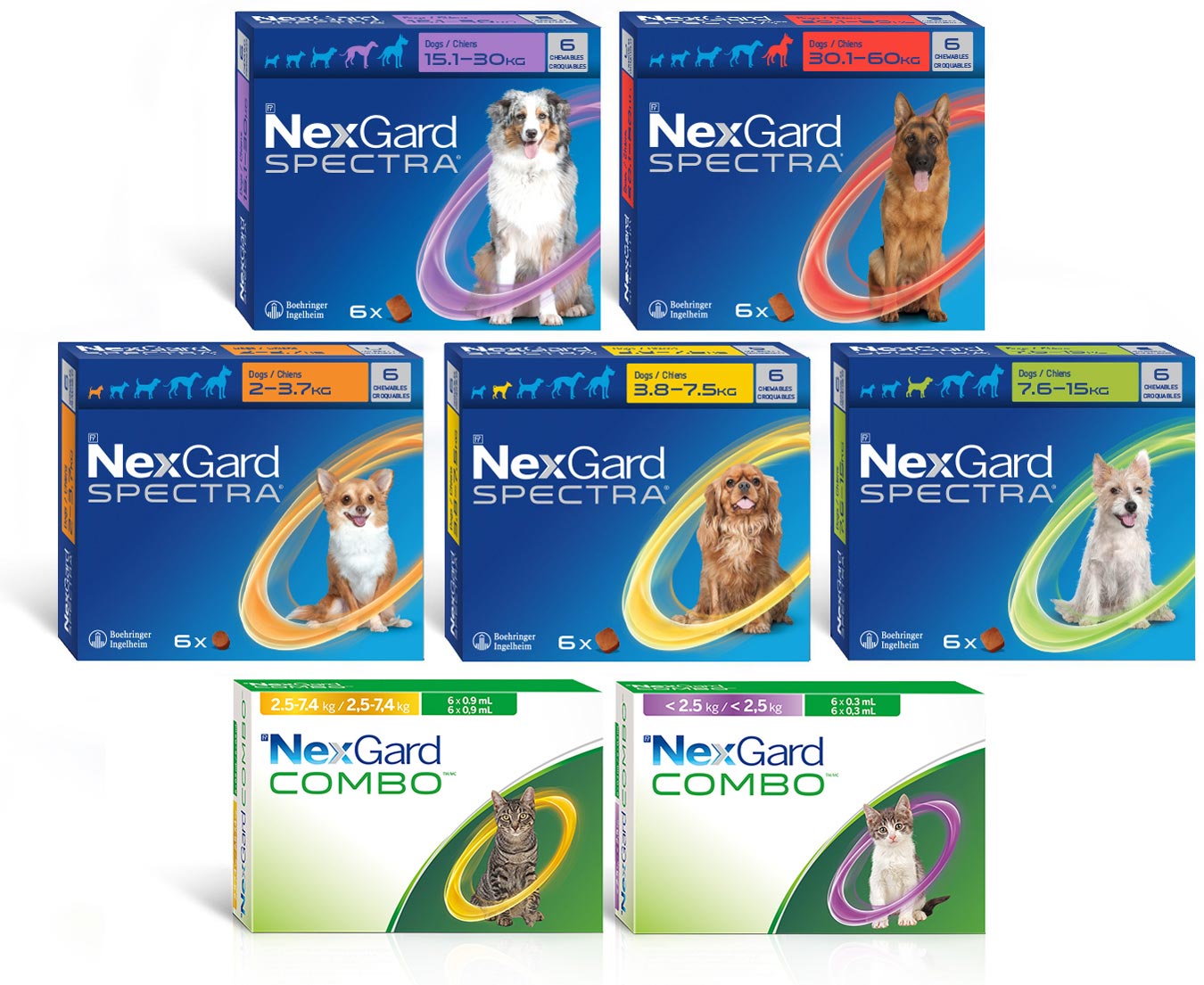 Image. Seven front-facing product boxes. First row: NexGard Spectra for dogs 15.1-30kg, NexGard Spectra for dogs 30.1-60kg; Second row: NexGard Spectra for dogs 2-3.5kg, NexGard Spectra for dogs 3.6-7.5kg, NexGard Spectra for dogs 7.6-15kg; Third row: NexGard Combo for cats 2.5-7.4, NexGard Combo for cats <2.5kg.